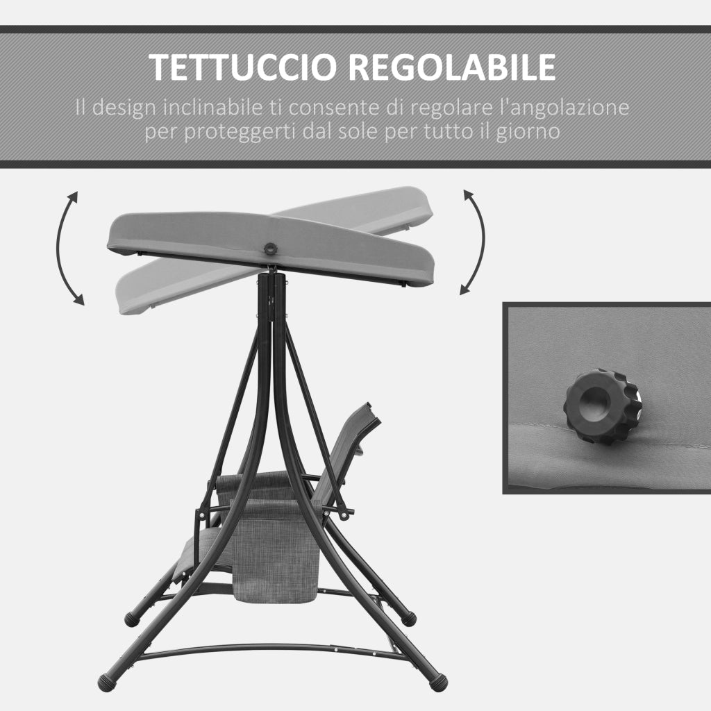 Dondolo 3 Posti da Giardino o Terrazzo con Tettuccio Regolabile e Tasche Portaoggetti Grigio Scuro 196x128x172cm