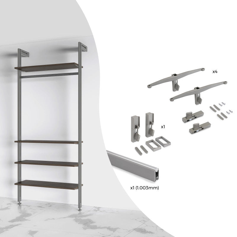 Kit di staffe per 4 ripiani in legno e 1 asta appendiabiti lunga 1 m Zero, Alluminio e Zama e Tecnoplastica, Verniciat..