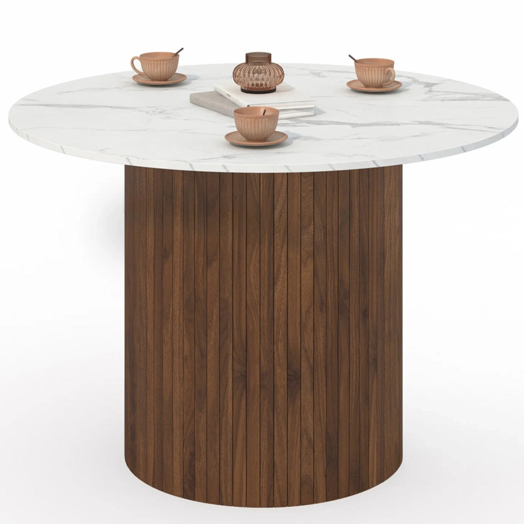 IDMarket - Tavolo da pranzo rotondo per 6 persone JULIETTE con gamba centrale a doghe in noce e piano in marmo bianco ALASKA 110 cm