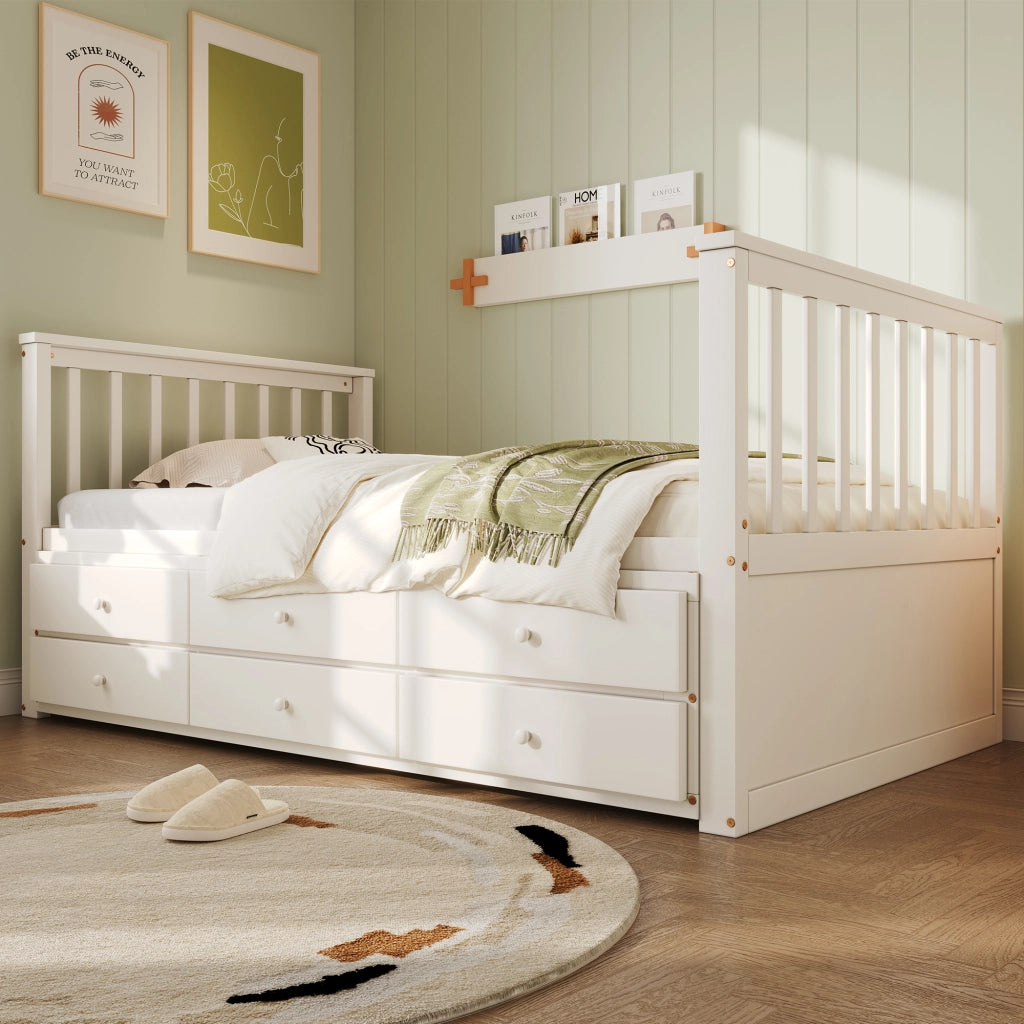Letto singolo estraibile con tre cassetti in legno e MDF bianco per bambini e ospiti dal design elegante