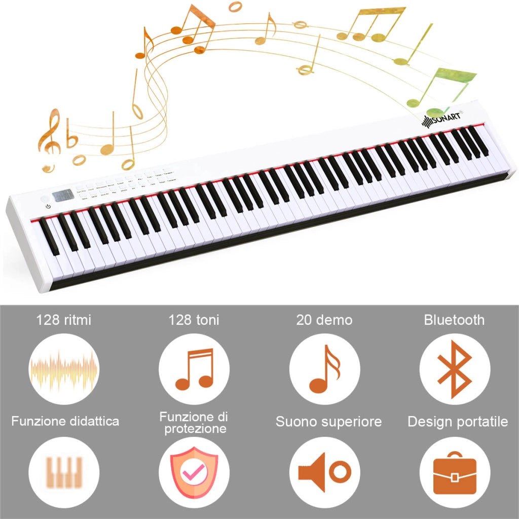 Pianoforte digitale 88 tasti con funzione Bluetooth,Tastiera elettronica portatile con 88 tasti Bianco