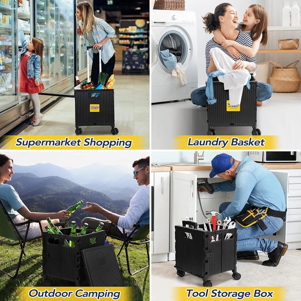 Trade Shop - Carrello Per La Spesa Multiuso Nero Pieghevole ‎grande Capacità Ruote Girevoli Con Freno -