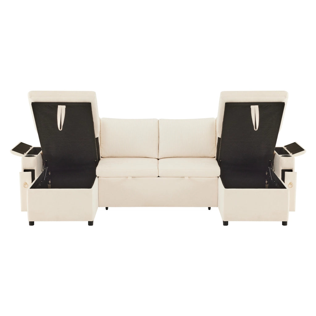 Divano letto angolare a 4 posti con portaoggetti - Zephmum- Beige, portaoggetti, cuscini