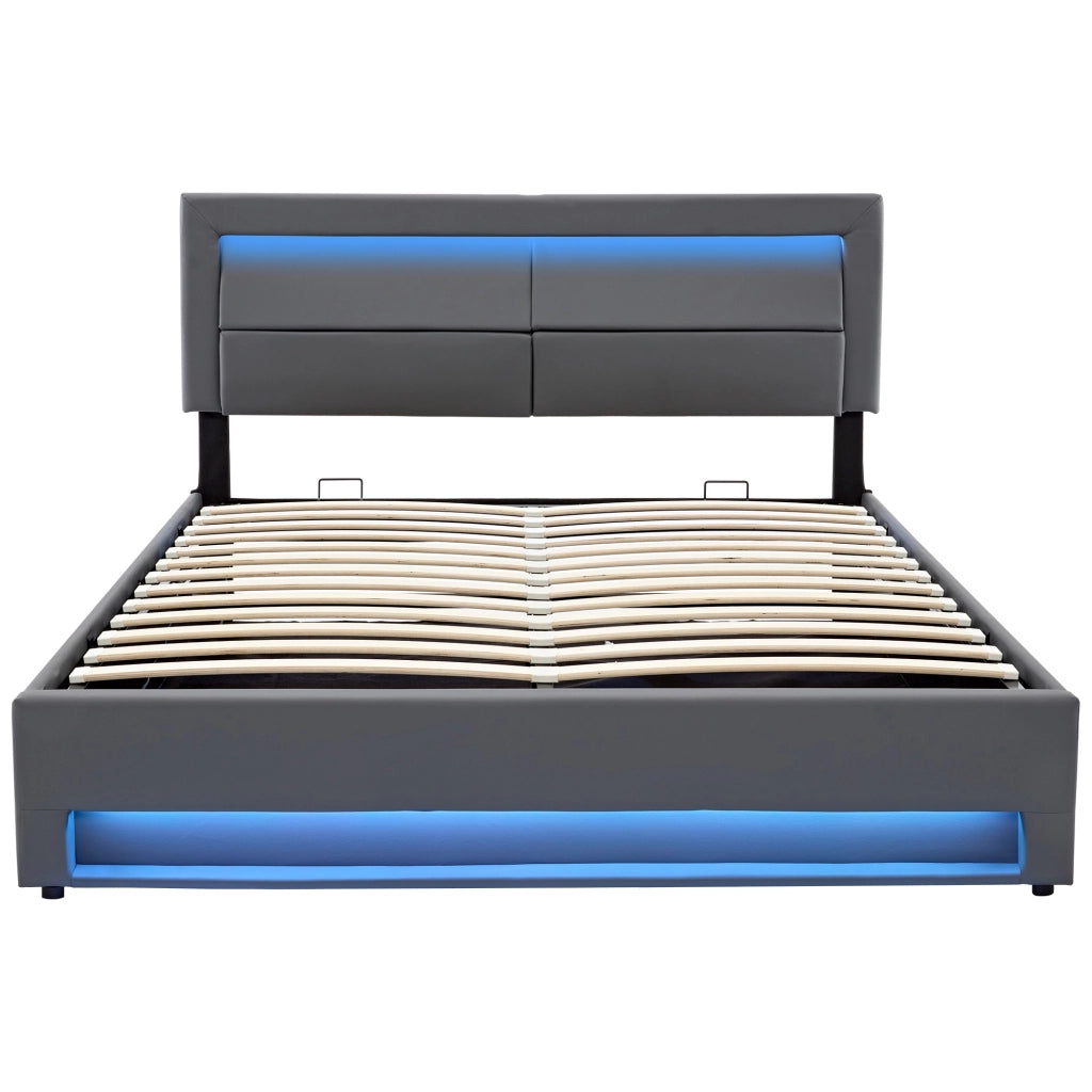 Letto imbottito 140x200 grigio, LED, USB, ripostiglio - Xylo