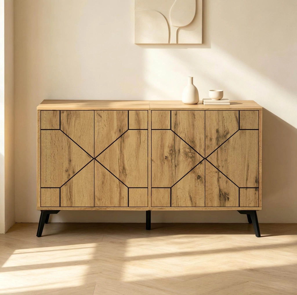 Sideboard moderno in MDF effetto rovere con 4 ante, 120×35×69 cm