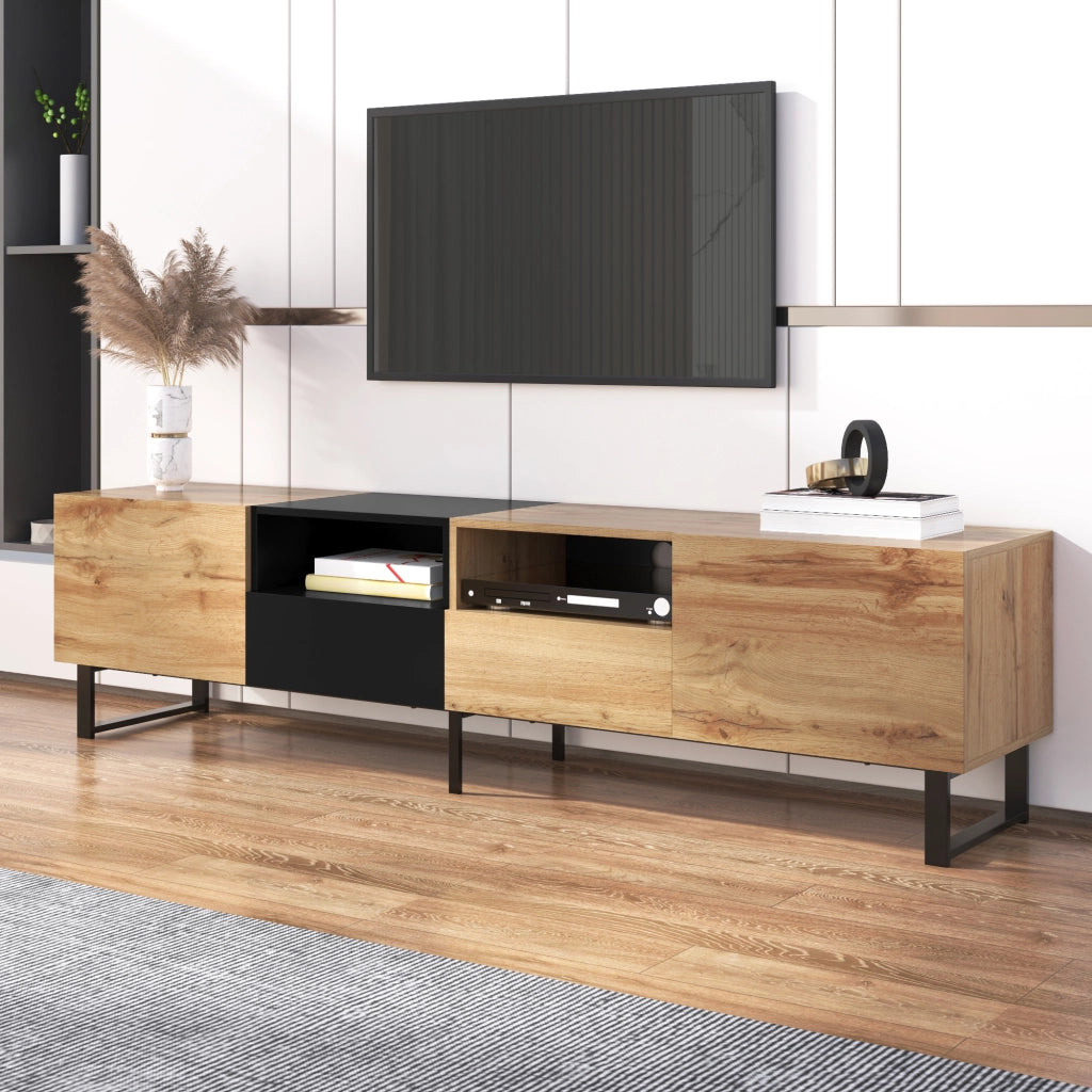 Mobile porta TV 190x38x48 cm; ampio spazio con 2 ante e 2 cassetti; MDF; nero e colore naturale