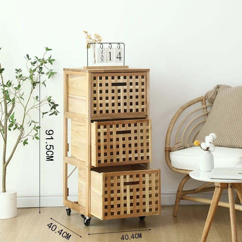 Contenitore a rotelle, 3 scatole, design a griglia, legno di noce