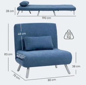 Poltrona letto pieghevole senza braccioli con rivestimento in tessuto blu e cuscino