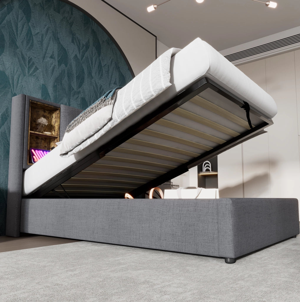 Letto singolo 90x200 cm con contenitore; ricarica wireless e porta USB C; cotone grigio