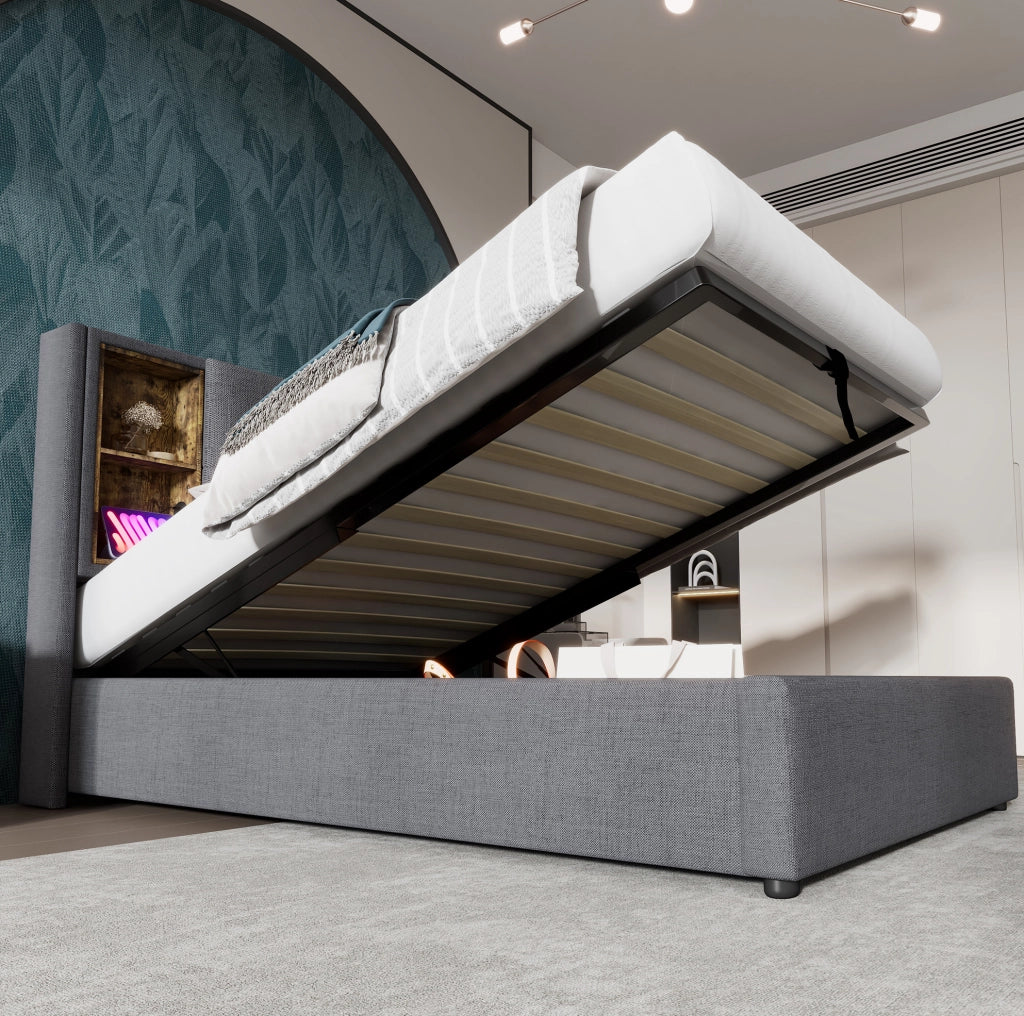 Letto singolo 90x200 cm con contenitore; ricarica wireless e porta USB C; cotone grigio