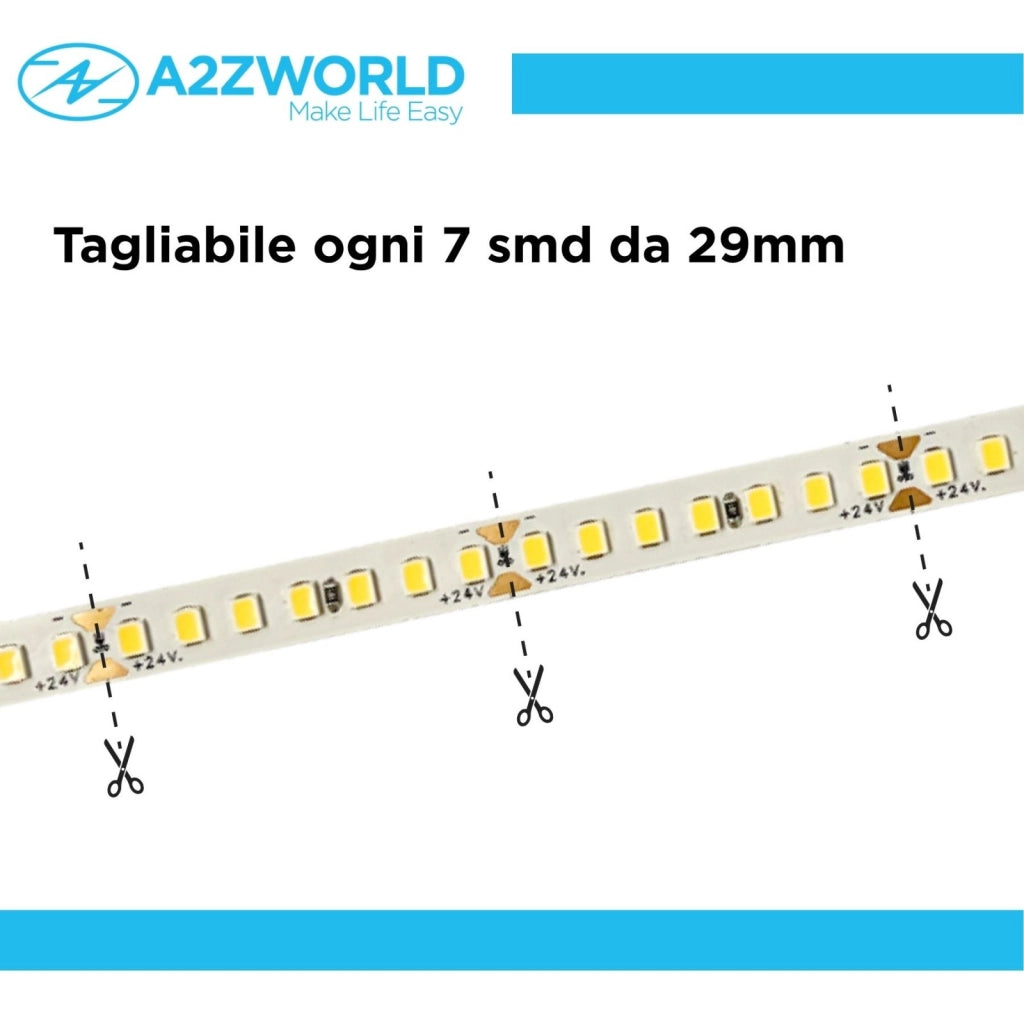 24V Striscia Led SMD Da 10 Metri, 20W/M 135lm/W 238SMD/M, Bianco Neutro 4000K, Larga 10mm, Dimmerabile PWM, Tagliabile ogni 7 smd da 29mm, IP20, CRI>80