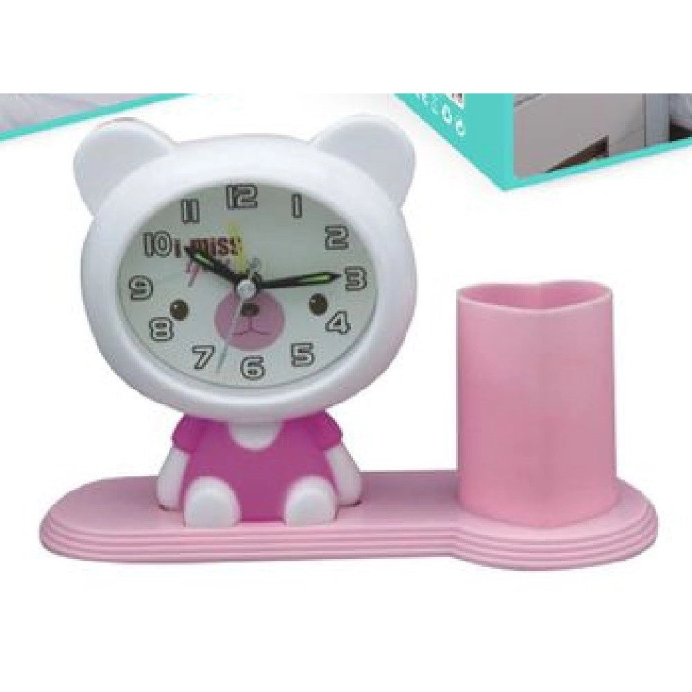 Trade Shop - Orologio Analogico Sveglia A Forma Di Orsacchiotto Con Portapenne Tavolo Tx-9123 -