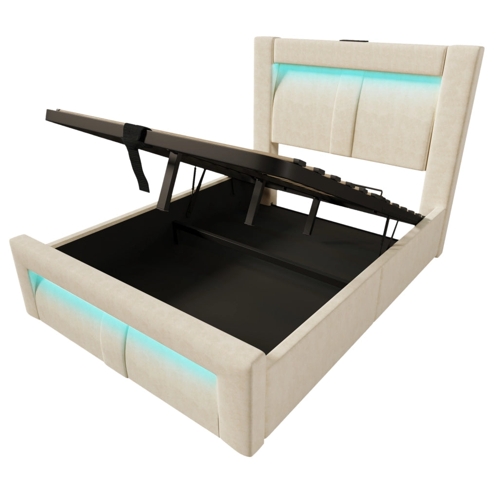 Letto singolo 90x200 cm con contenitore; LED; prese USB e Type-C; velluto beige; con materasso