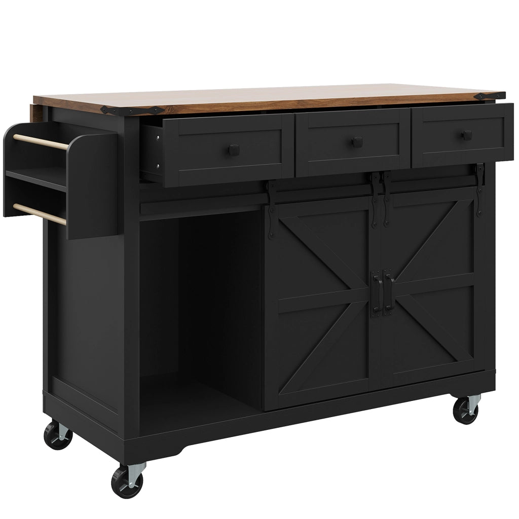 Isola cucina 140x45 cm pieghevole con 3 cassetti e ante scorrevoli; MDF; nero