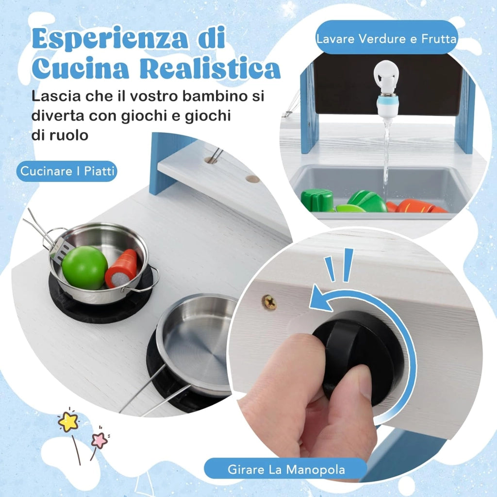Cucina Giocattolo per Bambini, Cucina per Bambini a Doppia Faccia con Stufa a Gas, Lavello e Rubinetto, Tenda da Sole, Con Suoni, per Bambini 3+ Anni