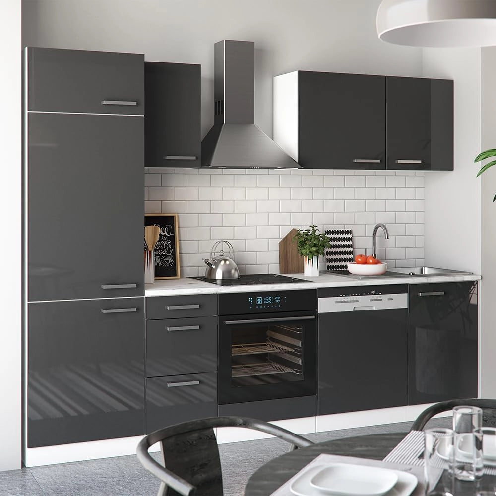 Cucina componibile Optima, Antracite lucido/bianco, 270 cm senza piano di lavoro con striscia LED, adatto per disposizione e ampliamento personalizzati