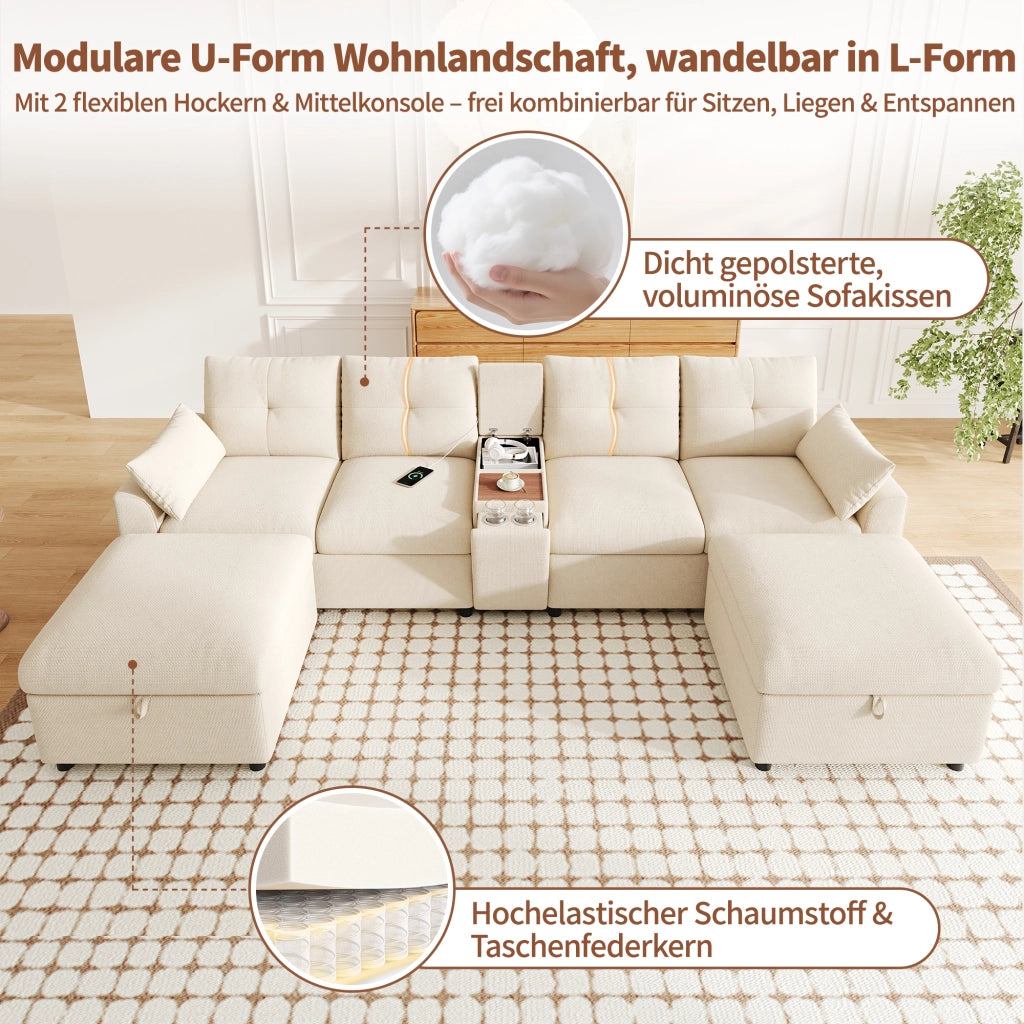 Divano angolare modulare 6 posti con 2 pouf contenitore e consolle centrale con USB e Type-C, in ciniglia beige