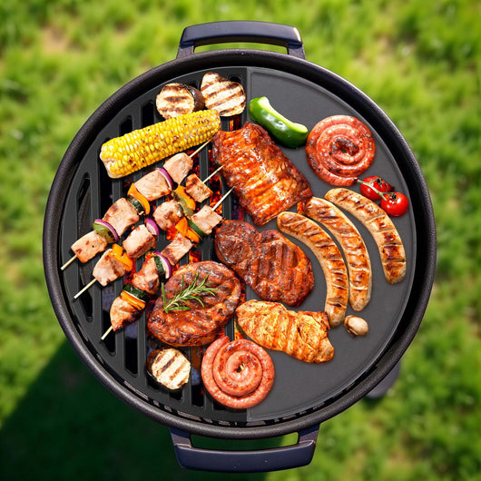 Set 1x Piastra in ghisa rigata + 1x Griglia in ghisa, forma a mezza luna, 55 x 26,5 cm, per barbecue, bistecchiera, ideale per grigliare carne, pesce, verdure