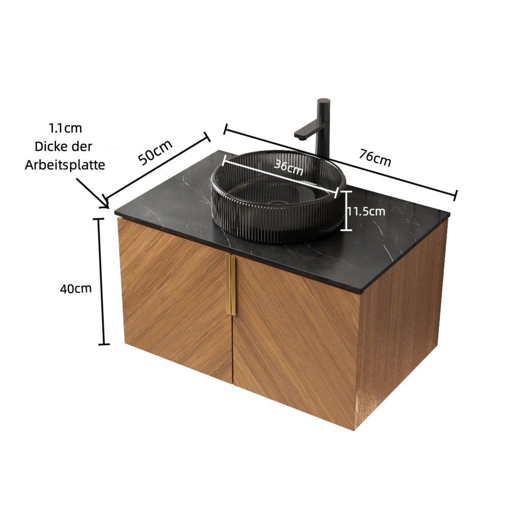 Mobile sottolavabo da bagno con 2 ante, lavabo tondo in vetro nero, piano in pietra sinterizzata, in compensato, nero marrone, 76 × 50 × 52,6 cm