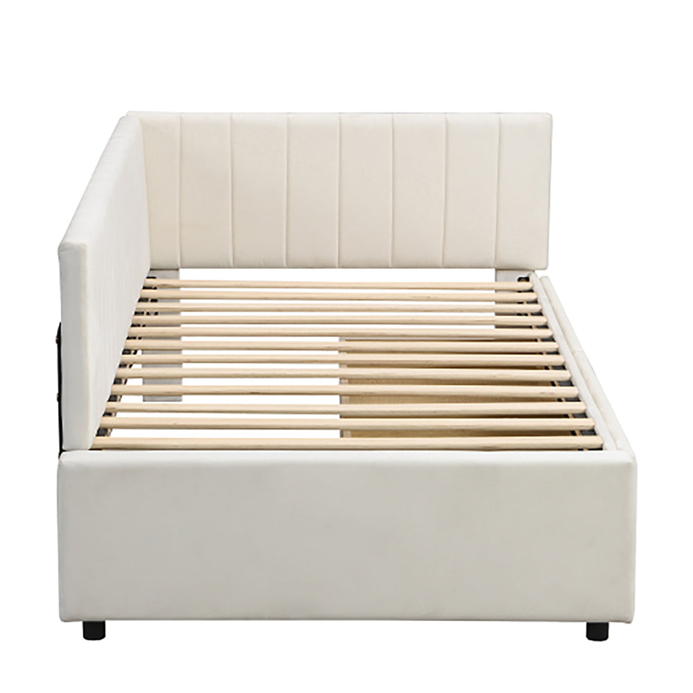 Letto a due piazze con divano letto - Xylo - 90x200 cm - Beige - 2 ampi cassetti e rete a doghe