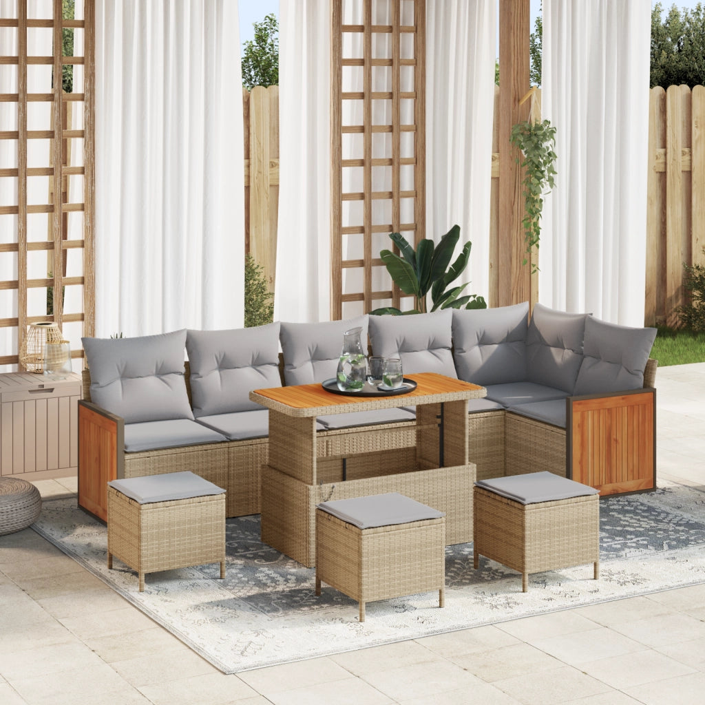 Set di divani da giardino 10 pezzi con cuscini beige polyrattan acacia