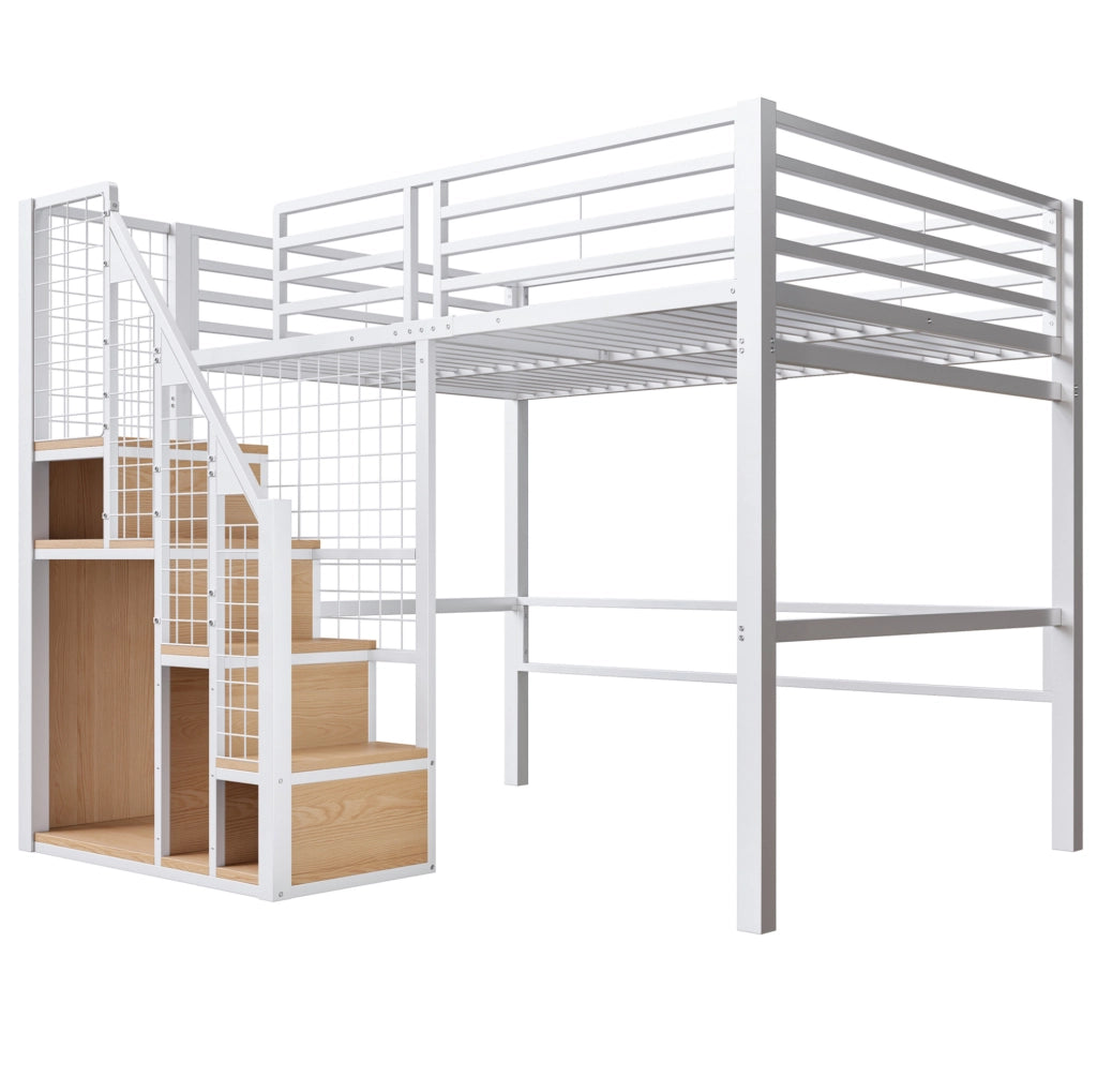 Letto a soppalco 140x200 cm con vano contenitore e scala in MDF e metallo bianco
