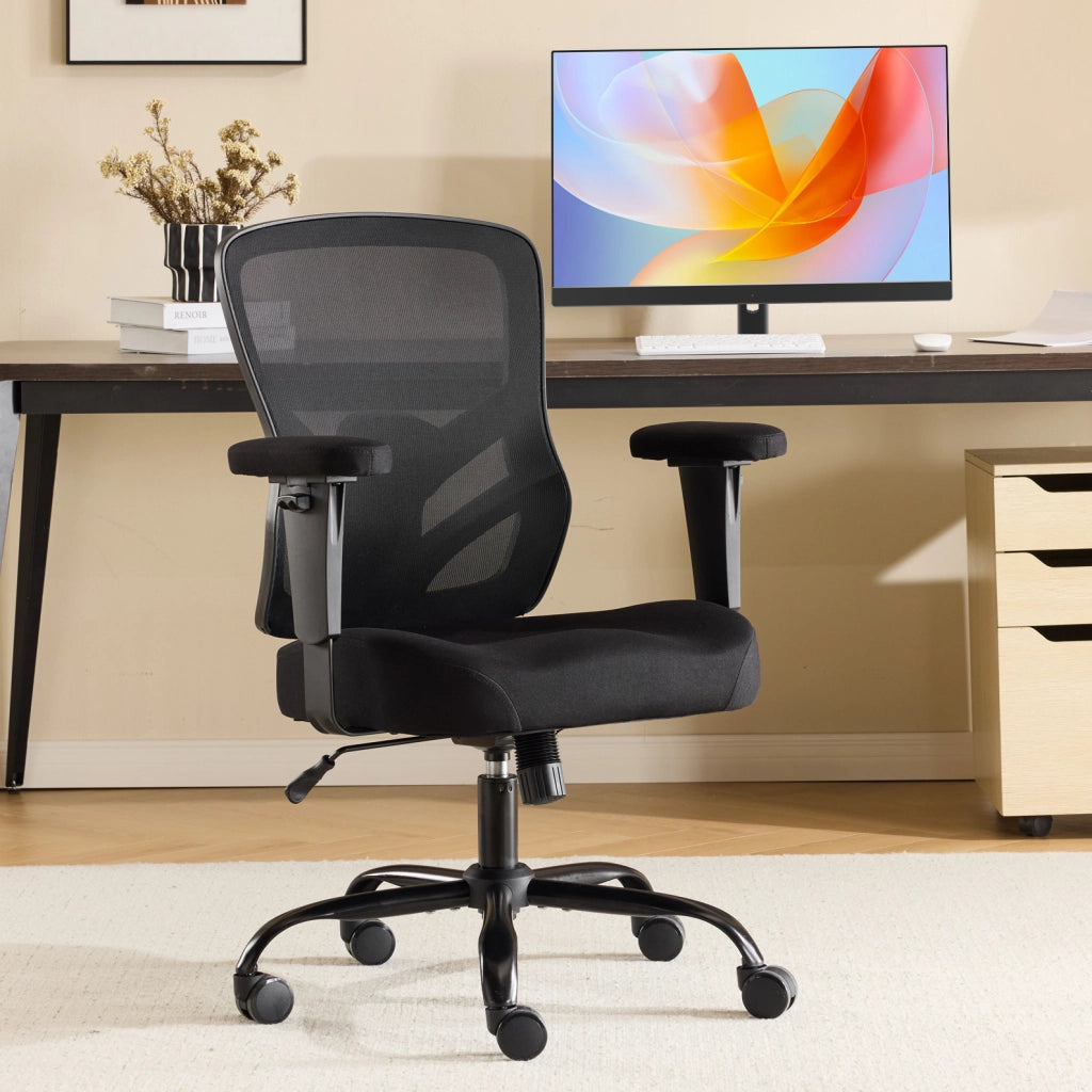 Sedia ergonomica da ufficio nera con supporto lombare regolabile e braccioli 2D