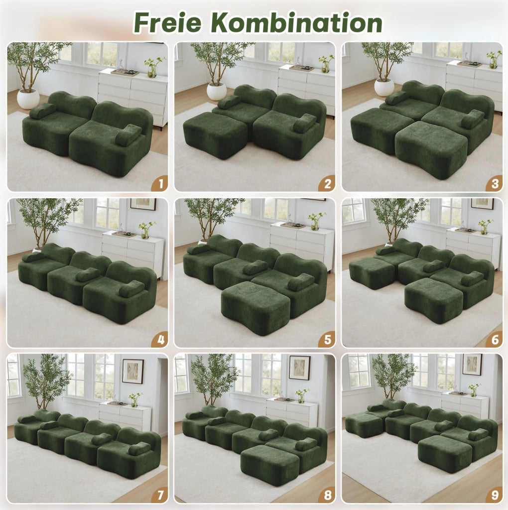 Divano angolare modulare senza struttura con pouf collegabile; velluto verde