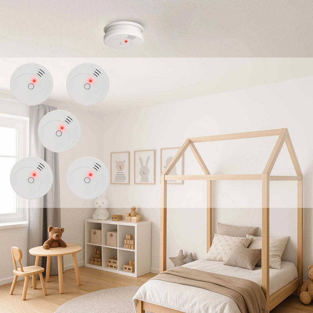 Rilevatore di fumo fotoelettrico con batteria 9V, 5 pz, Allarme Incendio 85dB, senza filo, DIN EN 14604