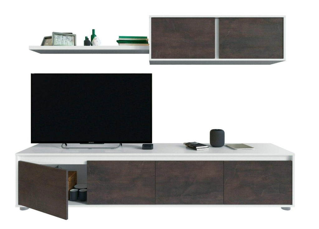 Parete Attrezzata Mobile Soggiorno Tv Con Mensola E Modulo Sospeso Per Salotto Sala Da Pranzo Design Moderno 200 X 41 X 43 Cm Colore Bianco/Ossido