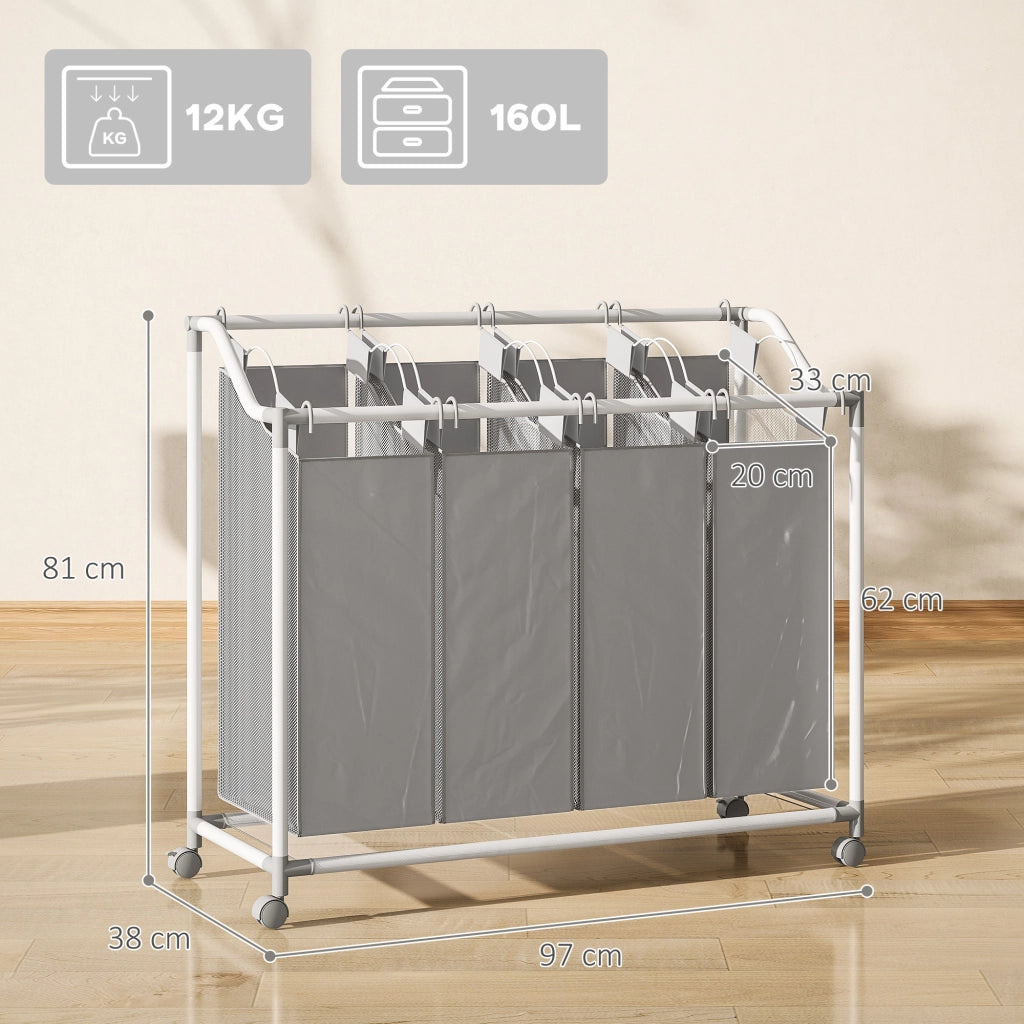 Carrello per bucato mobile con 4 sacchetti ¨C zephmum ¨C grigio 97x38x81 cm