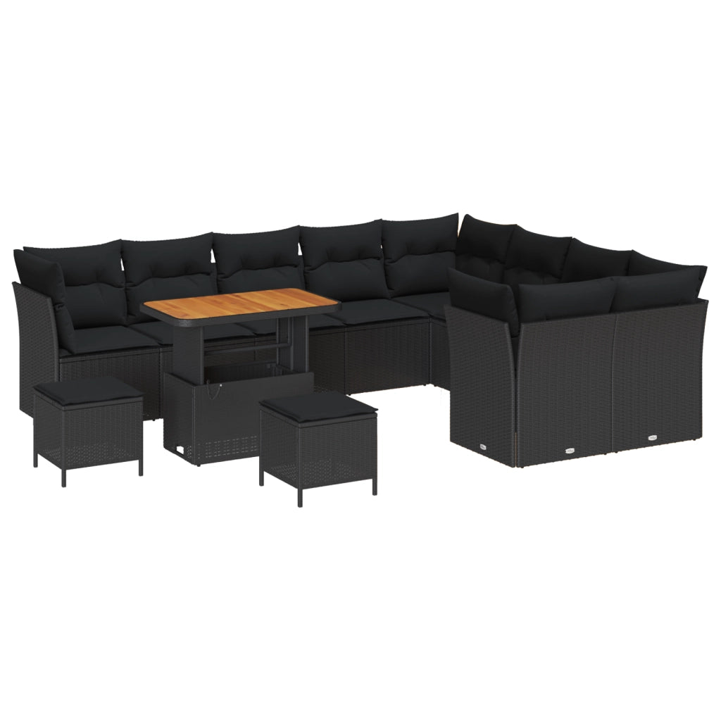 Set divano da giardino a 12 pezzi con cuscini in polyrattan nero e acacia