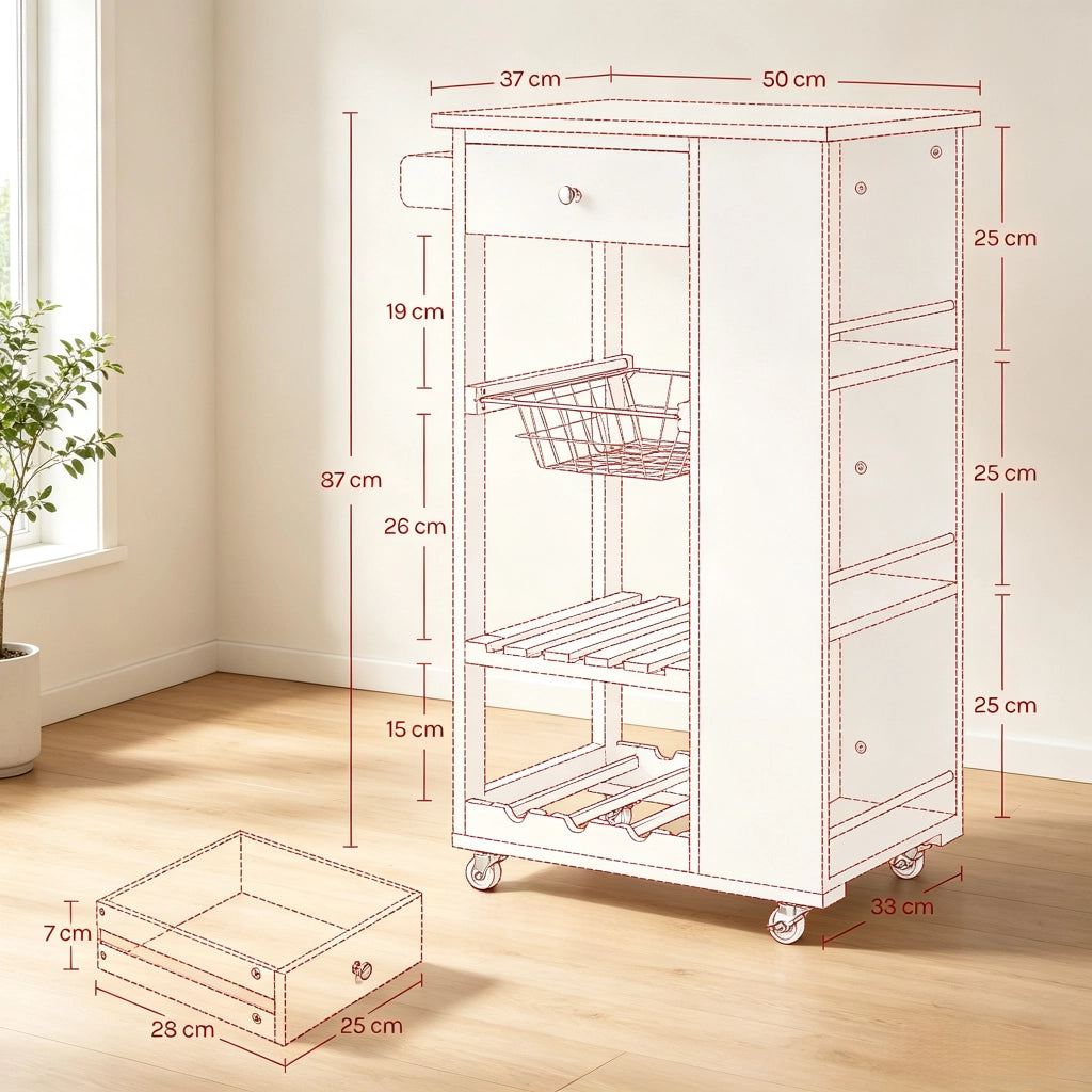 CARRELLO DA CUCINA 56,5x37x87 cm Bambù e MDF Bianco