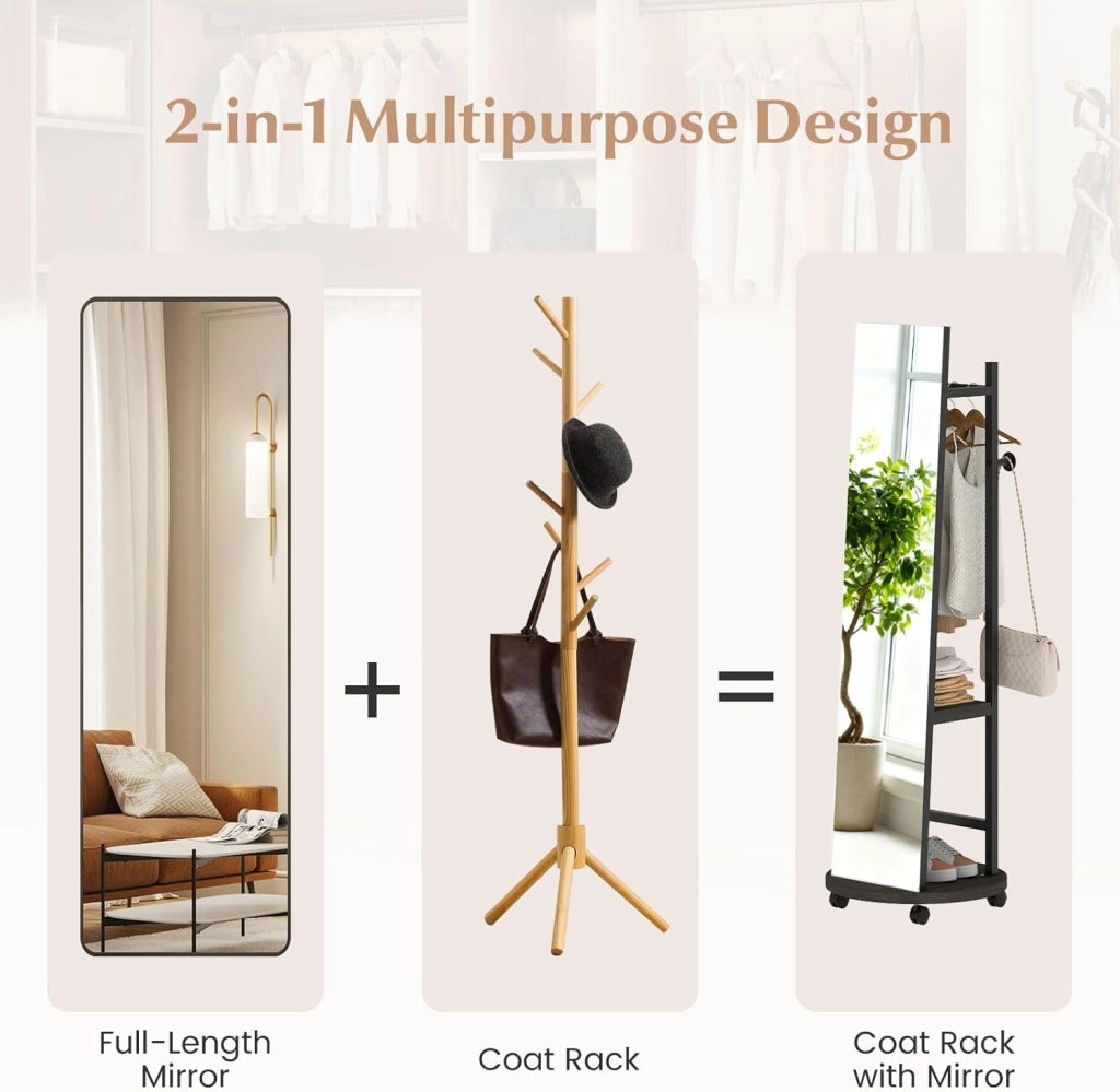 Specchio a figura intera, specchio da terra con appendiabiti, 45 x 135 cm, grande specchio con vetro infrangibile, ganci, ripiani, ruote, per ingresso, soggiorno, camera da letto (nero+noce)