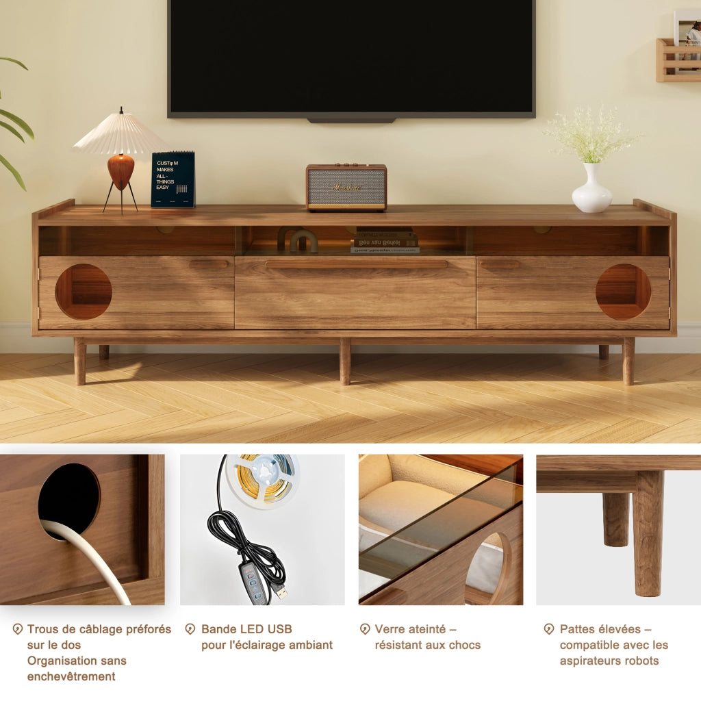 Mobile TV con 2 ante e illuminazione LED; vano per gatti - per soggiorno - 180×40×50 cm - noce