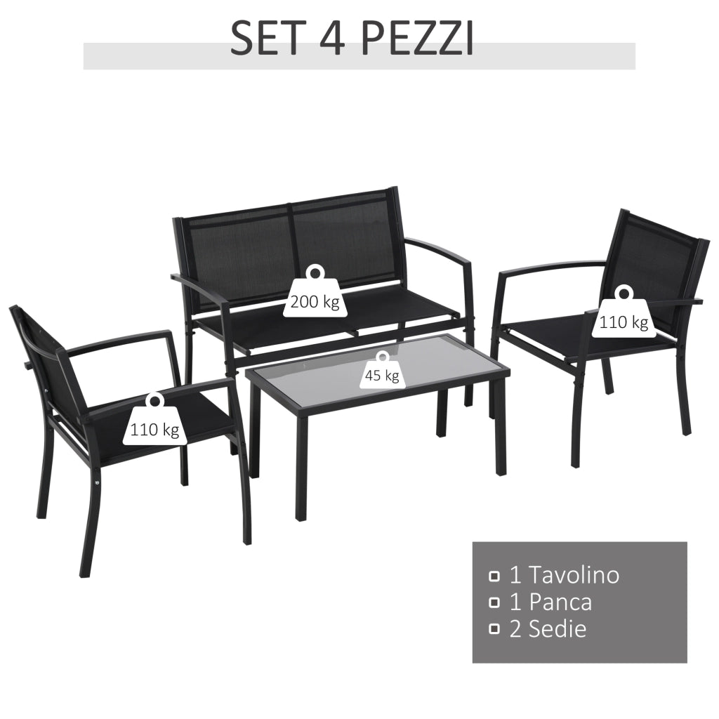 Set Giardino 4 Pezzi con Tavolino, Sedie e Panca ¨C zephmum ¨C Nero, Metallo