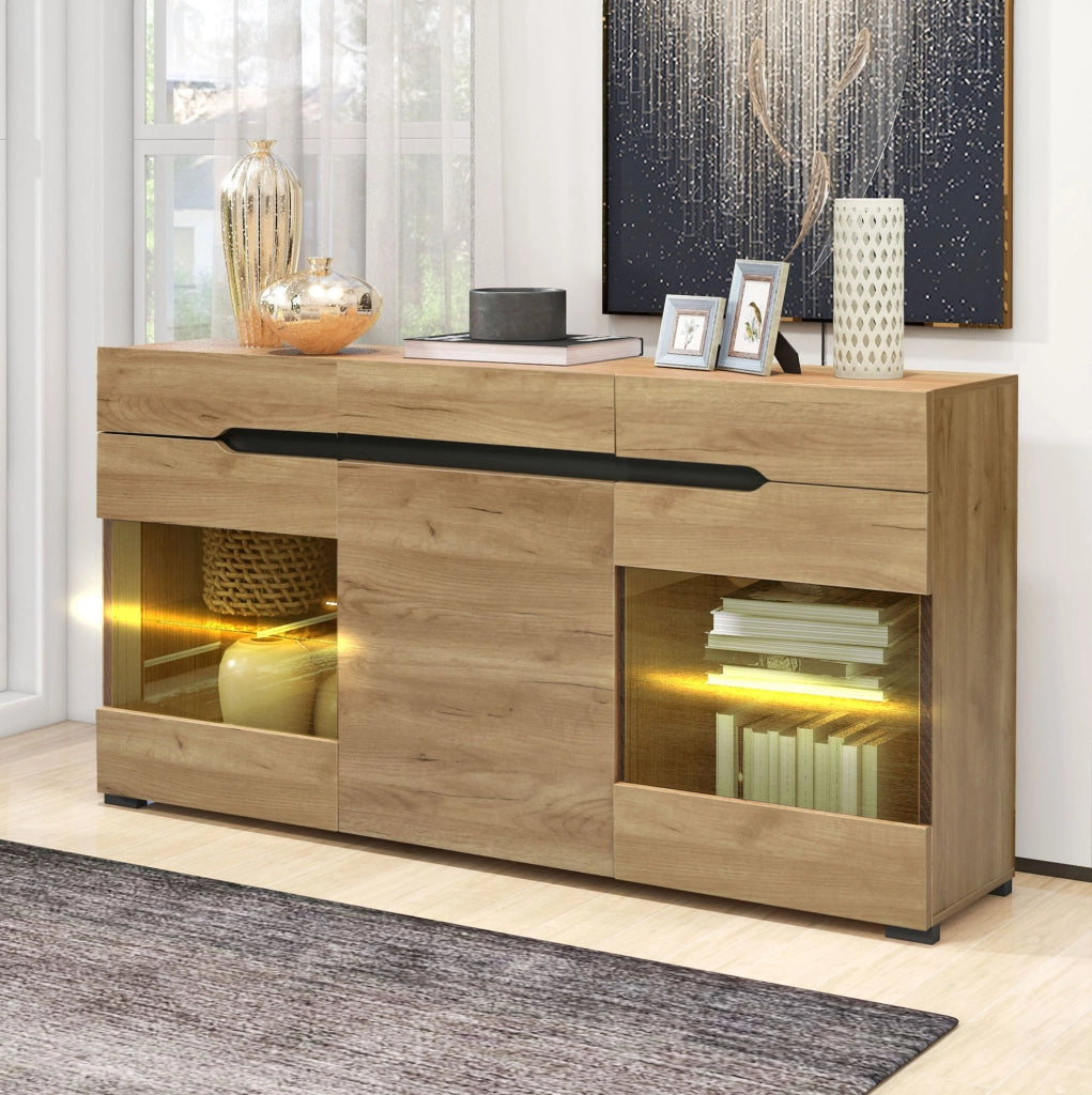Credenza moderna rovere con LED, 3 vani e 3 cassetti