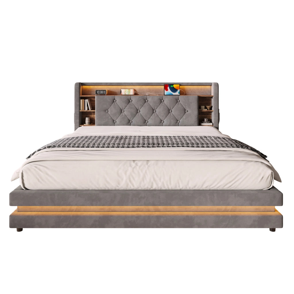 Letto imbottito 160x200 cm con contenitore; LED; USB e Type-C in velluto