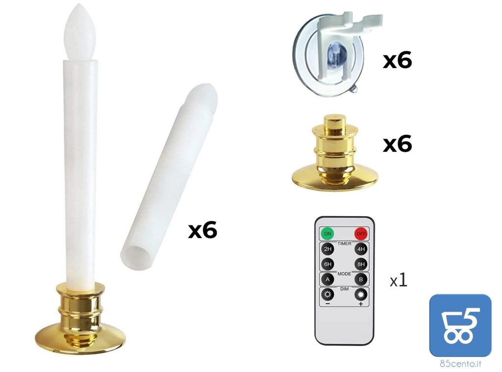 Candele Senza Fiamma a LED Da Finestra Con Telecomando e Timer Coniche Alimentate A Batteria Con Portacandele Dorati Kit da 6 pz + 1 Telecomando