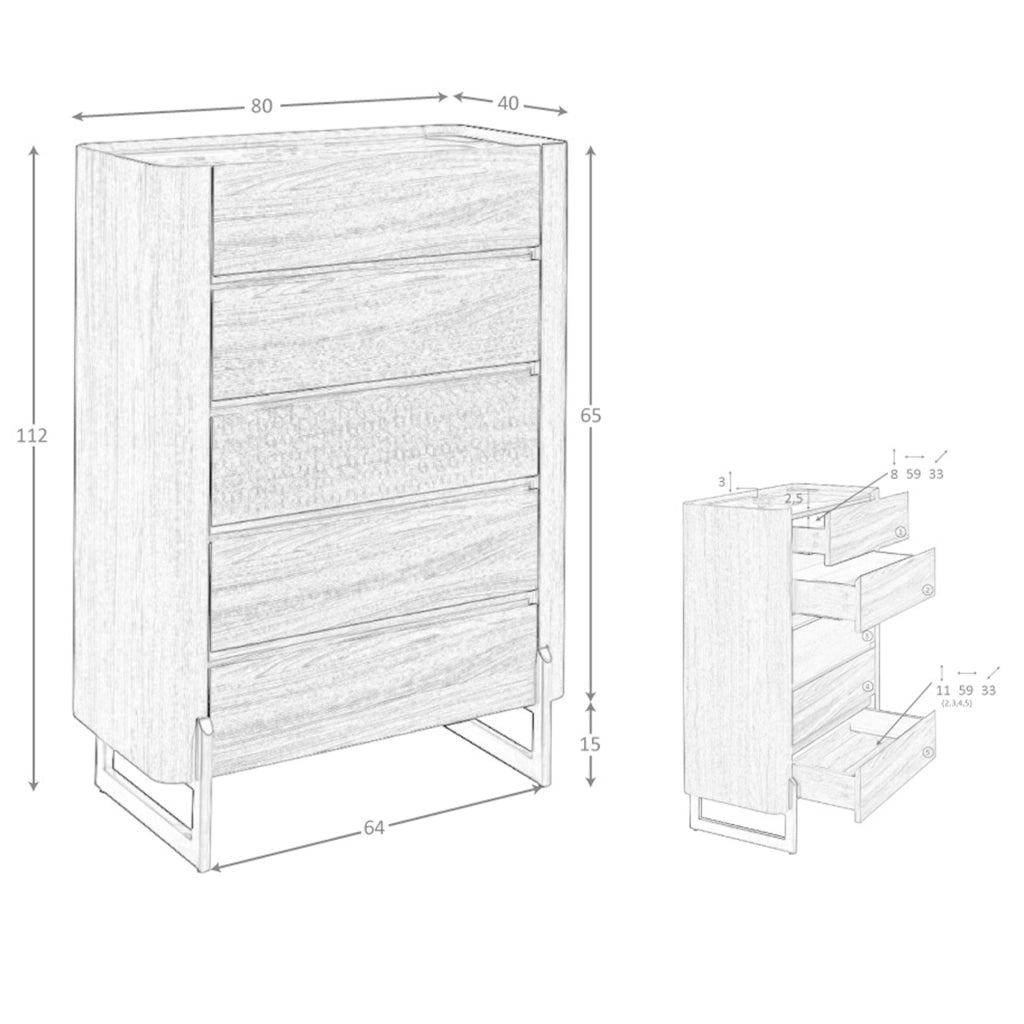 Chiffoniera in noce e acciaio scuro metallizzato con piano in marmo porcellanato