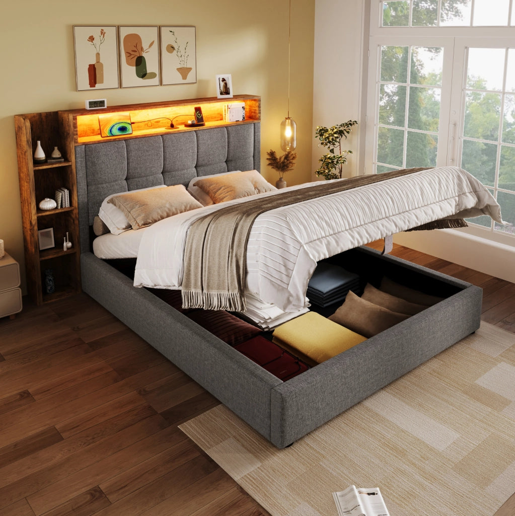 Letto imbottito 90x200 cm con LED, USB e ampio spazio contenitivo