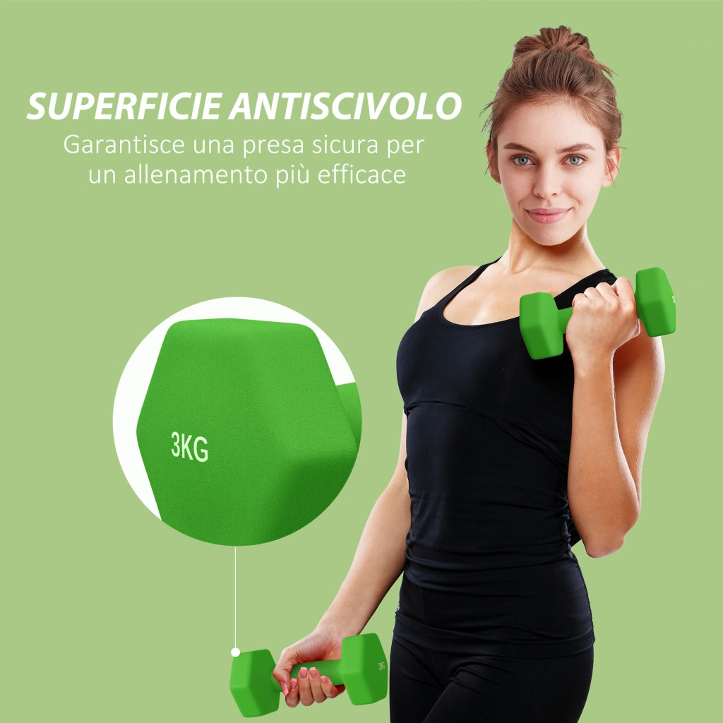 Set 2 Manubri 3 kg Esagonali e Antiscivolo per Casa e Palestra, in Metallo e Plastica, 18x8x8 cm, Verde