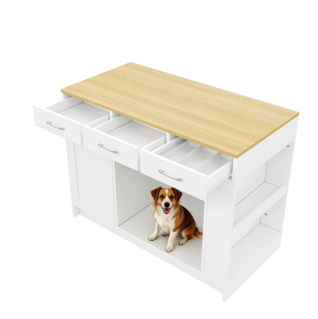 Isola da cucina con 3 cassetti e area per animali, 120 cm