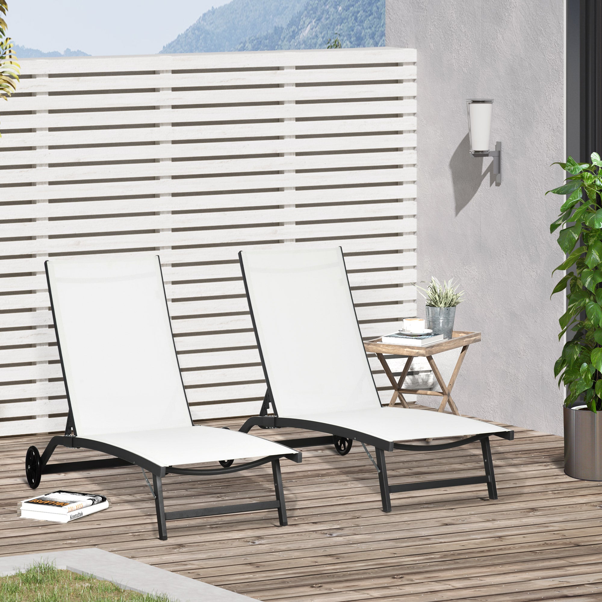 Set 2 Lettini Prendisole 66x165x102 cm con Schienale Reclinabile in Alluminio e Tessuto Traspirante Crema