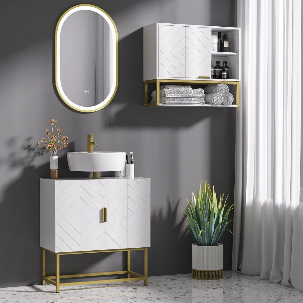 Mobile Bagno Sottolavabo con Armadietto 2 Ante in Legno e Acciaio. 60x30x65cm. Bianco e Oro