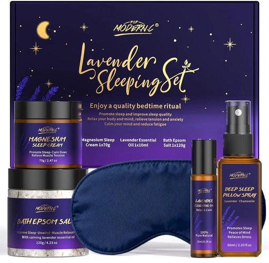 Kit di benessere per il sonno con lavanda naturale - spray per cuscini - crema di magnesio - oli essenziali - sale di Epsom - maschera per il sonno