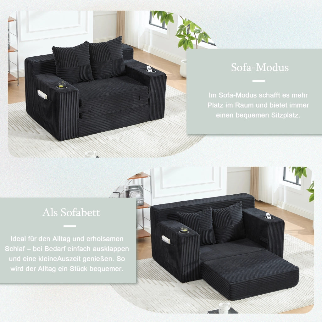 Pouf divano in velluto a coste nero 151x133x64 cm con tasche laterali e 2 cuscini