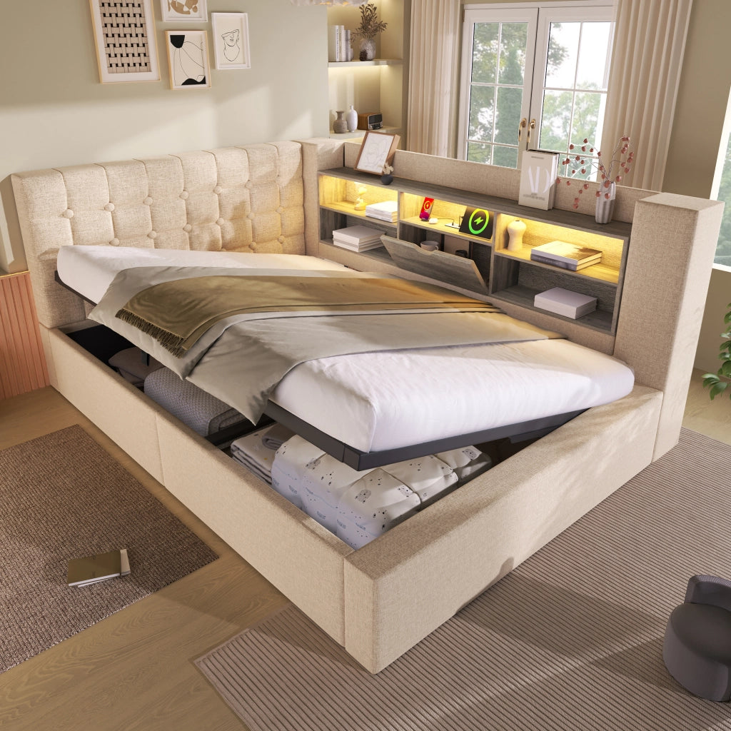Letto imbottito idraulico con illuminazione a LED 140x200 cm colore beige lino