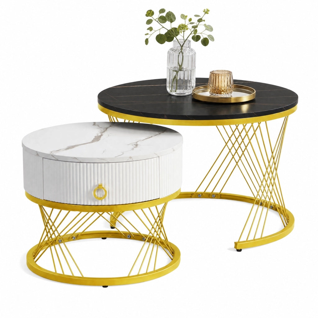 Set di 2 tavolini da caffè impilabili effetto marmo con cassetto; MDF e metallo; nero
