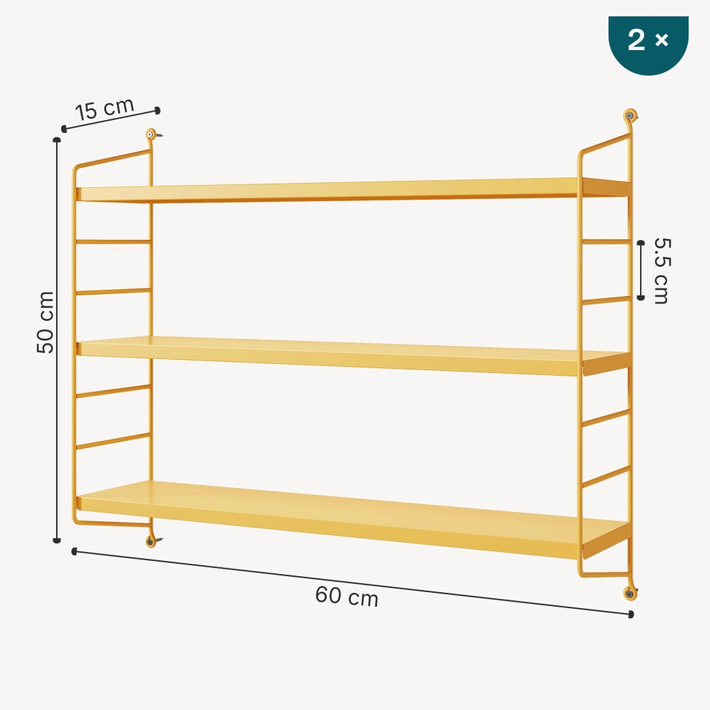 Set di 2 Scaffali da Parete Strängnäs a 3 Ripiani Regolabili  50 x 60 x 15 cm Acciaio Giallo [en.casa]